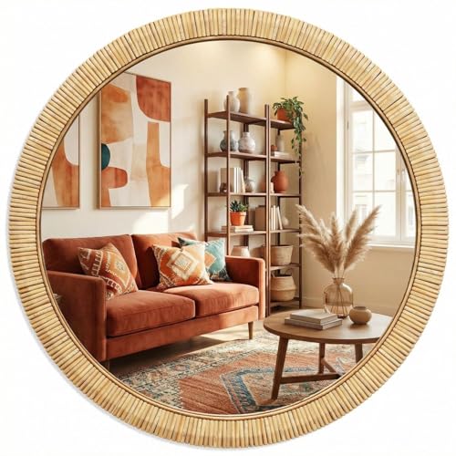 Barnyard Designs Rattan Wall Mirror, Round Farmhouse Boho Accent for Bathroom, Entryway or Bedroom, Handwoven Natural Honey Rattan Frame (25.5", Round) - size: 25.5"L x 25.5"W
