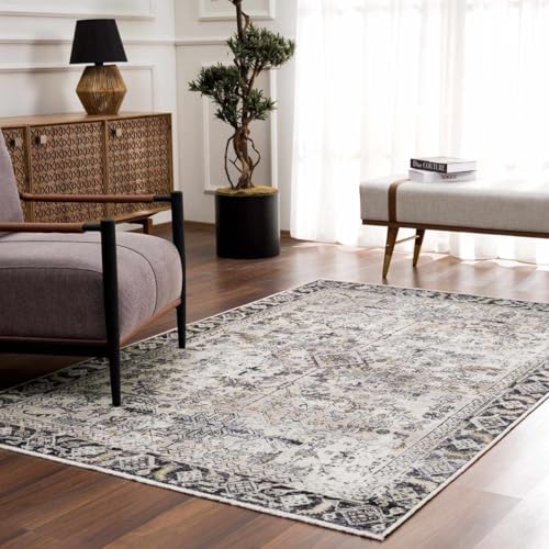 Hauteloom Wentworth Bohemian Vintage Medallion Area Rug - Farmhouse Oriental Carpet for Living Room, Bedroom - Machine Washable- Gold, Arctic Blue, Black - 6'7" x 9' - color: Gold, Arctic Blue, Black / Ariane, size: 6'7" x 9' (Rectangular)