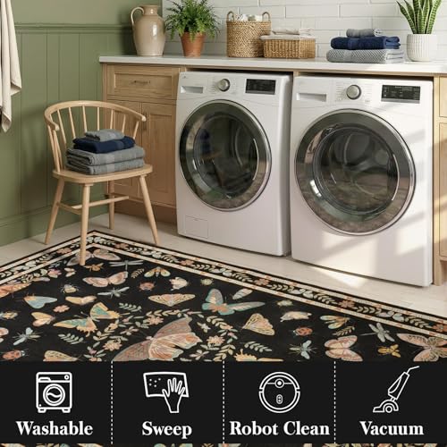 Unirea 2x3 Small Black Washable Area Rug, Door Mat Indoor Entrance Insect Rug, Non Slip Thin Area Rugs, Soft Boho Bug Entryway Rug for Kitchen, Bathroom, Bedroom, Laundry Room, Low Pile Carpet - color: Black, size: 2'x3'