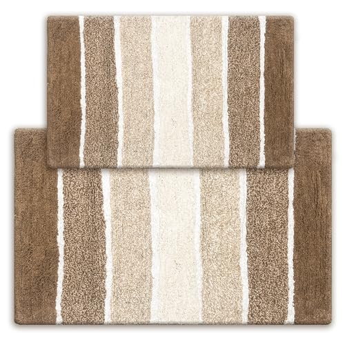 Chardin home Cordural Stripes Bath Mat, Set of 2 Bath Rugs (17x24 Inches & 21x34 Inches) | Non Slip Bathroom Rug, Machine Washable, Plush, Highly Absorbent | Tan - Brown - color: Tan - Brown