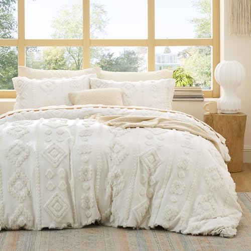 Bedsure Boho Duvet Cover Queen Size - Tufted Boho Bedding, Farmhouse-Style Distressed Vintage Embroidery Bedding for All Seasons, 3 Pieces, 1 Soft Jacquard Queen Comforter Cover and 2 Pillow Shams - color: 09 - White Tufted (No Comforter), size: Queen (90