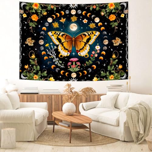 Delur Butterfly Moon Flower Tapestry Botanical Floral Plant Boho Tapestry Wall Hanging Mandala Aesthetic Mushroom Retro Vintage Headboard for Bedroom Living Room Home Decor (70.8" x 92.5") - color: Butterfly Moon, size: 70.8"L x 92.5"W