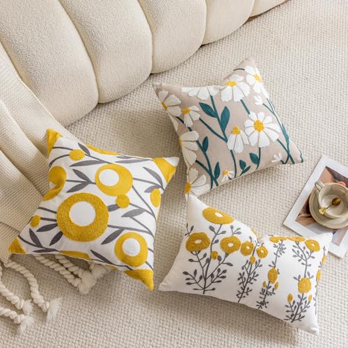 vctops Boho Floral Tufted Decorative Throw Pillow Cover Botanical Embroidered Cotton Cushion Cover for Couch Sofa Bed (Flower D,18"x18") - color: Flower D, size: 18" x 18" (Pack of 1)