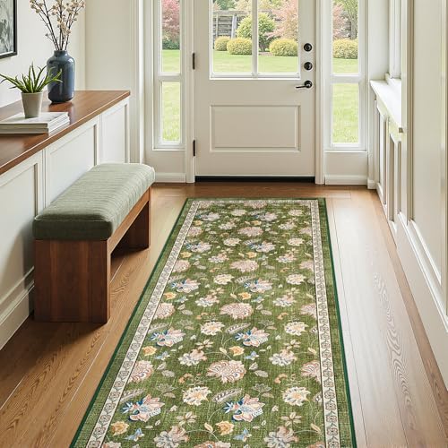 jinchan Elora 3x8 Floral Runner Rug for Hallway Washable Kitchen Runner Vintage Romance Design Non Slip Thin Indoor Floor Cover Low-Profile Throw Carpet for Entryway Bathroom Bedroom Porch, Green - color: Bloom Green, size: 3' x 8' (Light Weight)
