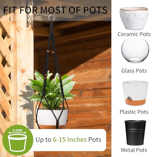 Macrame Plant Hanger - Fits 6-15 Inch Pots, Hanging Planter Holder for Indoor Outdoor, Cotton Rope Boho Home Decor, 43 Inch, Set of 2, Black - color: Black, size: 43+43in