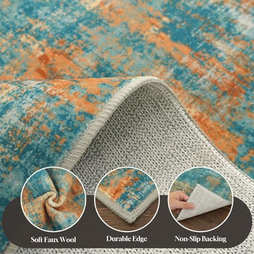 Lansny Abstract Small Area Rug 2x3 Entryway Rugs Washable Indoor Door Mat Entrance, Colorful Non Slip Kitchen Rugs, Throw Rug Printed Faux Wool Floor Carpet for Front Door Foyer Entry Sink - color: Vintage Teal / Orange / Rust, size: 2' x 3' (Rectangular)