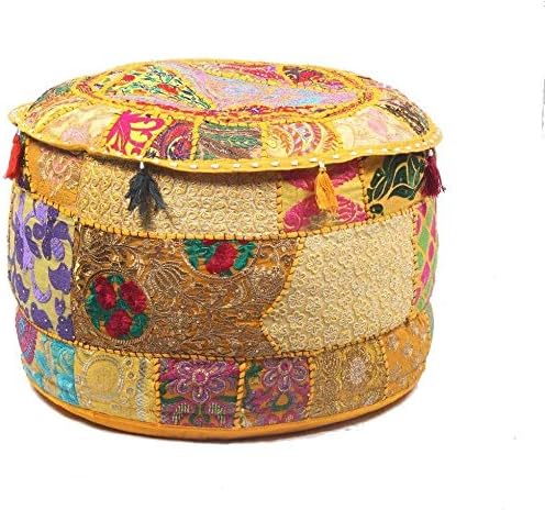 GANESHAM KLAVATE Indian Hippie Vintage Cotton Floor Pillow & Cushion Patchwork Bean Bag Chair Cover Boho Bohemian Hand Embroidered Handmade Pouf Ottoman (Yellow, 13" H x 22" Diam.(inch))