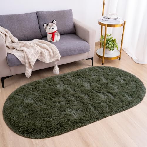 Goideal Fluffy Bedroom Rug, Small Oval Area Rugs, Olive Green Shag Bedside Carpet for Kids Room Nursery Dorm Cute Fuzzy Indoor Decor for Boy and Girl, 2.6 x 5.3 Feet - color: Olive Green