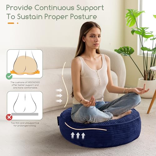 HIGOGOGO 6" Extra Thick Floor Pillow Cushion for Adults, Meditation Cushion Pillow, Large Round Floor Sitting, Tufted Corduroy Cover, for Tatami Living Room or Yoga, 22x22 Inch, Navy - color: Round Navy, size: 6" Thick(Pack of 1)