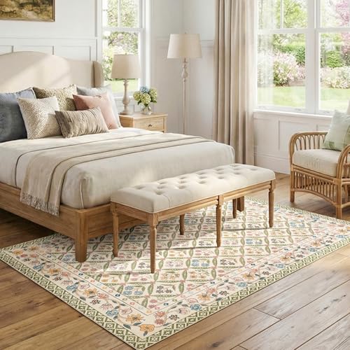 jinchan Haden 5x7 Vintage Floral Area Rug for Living Room Bedroom Soft Non-Slip Low Pile Washable Cottage Decor Dining Room Home Office Girls Dorm Carpet Sage Green - color: Sage Green, size: 5' x 7' (Rectangular)