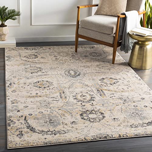 Hauteloom Obsidian Rustic Farmhouse Living Room Bedroom Dining Room Area Rug - Turkish Style - Traditional Floral Look - Bluish Medium Grey, Beige, Light Brown, Cream, Black - 4'3" x 5'7" - color: Beige, Black, Charcoal / Sunnyside, size: 4'2" x 5'7" (Rec