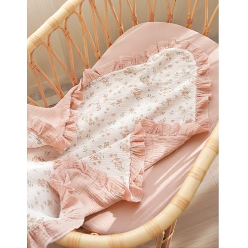 Konssy Flounce Muslin Baby Blanket for Girls Boys, 100% Cotton Soft Crib Swaddle Blankets, Reversible & Breathable Nursery Bedding for Newborns Toddlers, 43 x 39 Inches (Blossom) - color: Blossom, size: 43"x39"