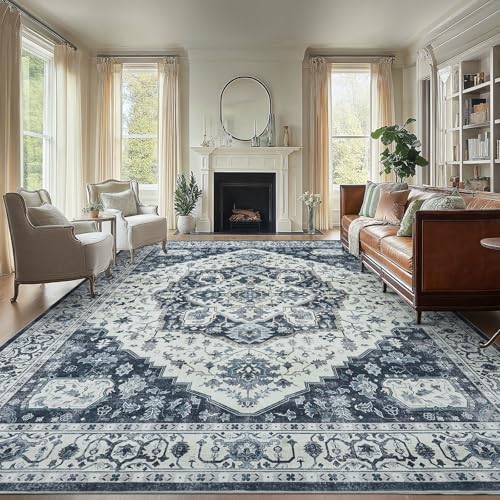AMADA HOMEFURNISHING 9x12 Area Rug, Washable Low-Profile Large Area Rug with Non-Slip Backing & Durable Edge Binding, Vintage Large Rugs for Living Room, Bedroom - color: Navy/Blue, size: 9' x 12' (Rectangular)