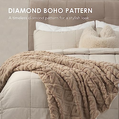 EverGrace Jacquard Boho Sherpa Fleece Throw Blanket for Couch, Super Soft Cozy Fuzzy Plush Blankets for Winter, Reversible Thick Warm Blanket for Bed, Sofa, Living Room, Khaki Tan, 108" x 90" - color: Khaki Tan, size: 108x90 Inches