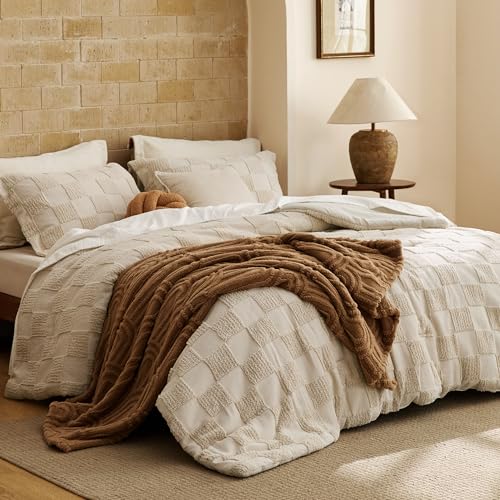 Bedsure Full Size Comforter Set Beige, Boho Tufted Bed Set, Checkered Farmhouse-Style Distressed Vintage Bedding, 3 Pieces, 1 Plaid Geometric Comforter and 2 Pillow Shams - color: 01 - Beige - Tufted Checkboard, size: Full