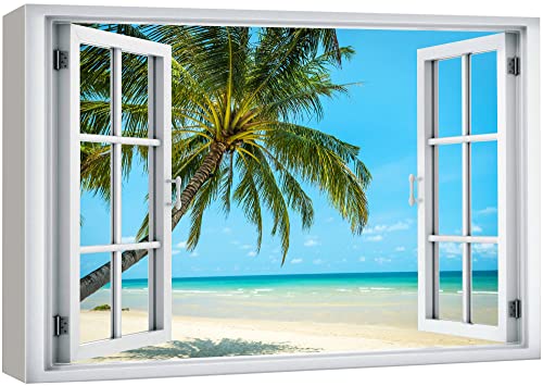 wall26 Canvas Print Wall Art Window View Tropical Palm Tree Beach Island Paradise Wilderness Nature Photography Realism Scenic Landscape Colorful Multicolor for Living Room, Bedroom, Office - 12"x18" - color: A001-2204-est01, size: 18"L x 12"W