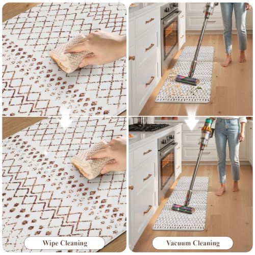 KIMODE Kitchen Mats 2PCS Cushioned Anti Fatigue Boho Kitchen Rugs and Mats Non Slip Waterproof Kitchen Mats for Floor Comfort Foam Standing Desk Mat for Home Office Sink Laundry Brown and White Decor - color: Brown, size: 17.3" x 47 "+ 17.3" x 29 "--0.47