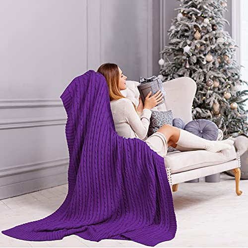 uxcell Cotton Cable Knit Throw Blanket Soft Throw Couch Covers Knitted Blankets for Sofa Bed, Purple Throw(47" x 70") - color: Purple, size: Throw (47" *78")
