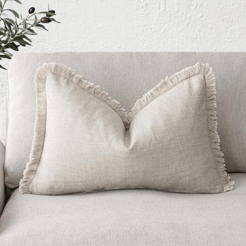 Foindtower Decorative Linen Fringe Lumbar Throw Pillow Covers Cozy Boho Farmhouse Cushion Cover with Tassel Soft Accent Pillowcase for Sofa Bed Living Room Home Decor, 12×20 Inch, 1PC, Natural Beige - color: Natural Beige, size: 20" x 12" (Pack of 1)