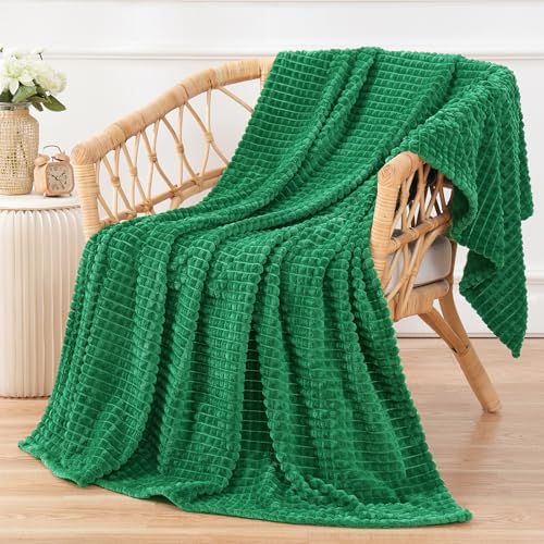 Puncuntex Flannel Fleece Throw Blanket Classic Green 50"×60",Super Soft Plush Cozy Blanket with Square Grid Design Luxury for Couch Sofa Chair - color: Classic Green, size: 50"×60"
