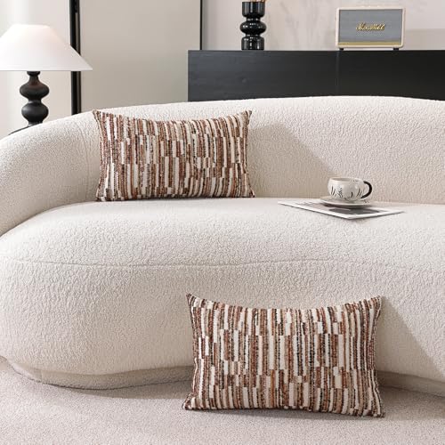 Striped Throw Pillow Covers 20x12 Set of 2 Orange Textured Boucle Chic Morden Boho Accent Farmhouse Decorative Chenille Pillow Covers for Home Decor Bed Sofa Living Room - color: Orange, size: 20" x 12" (Pack of 2)
