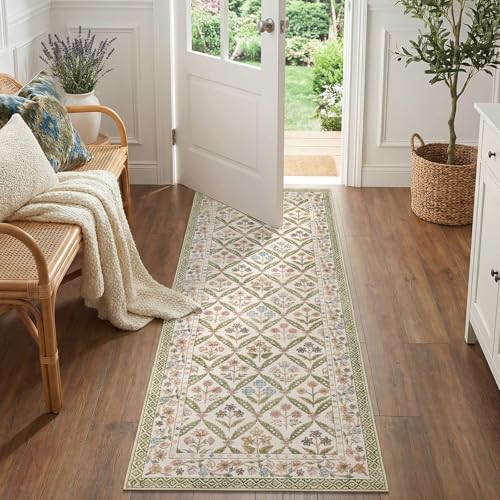 jinchan Haden Runner Rug 2x6 Vintage Floral Washable Hallway Rug for Entrance Kitchen Soft Non-Slip Low Pile Bedside Laundry Room Cottage Warm Indoor Decor Sage Green - color: Sage Green, size: 2' x 6' (Runner)