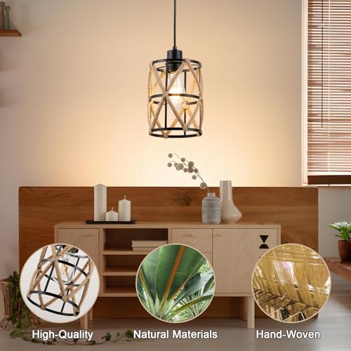 ocioc Hand Woven Hemp Rope Pendant Light, 6.7" Boho Chanderlier Light Fixture, Rattan Cylinder Lamp Shade Lamp, Farmhouse Dome Pendant Lighting for Kitchen Island, Bedroom, Dining Room, Living Room - size: 6.7"