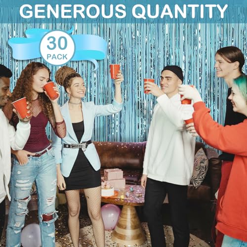 30 Pack Light Blue Foil Fringe Curtain Backdrop, 3.3x8.2 Feet Metallic Tinsel Streamer Curtains Photo Booth Props for Baby Shower/Bachelorette/Graduation/Birthday/Ocean Theme Party Decorations - color: Light Blue
