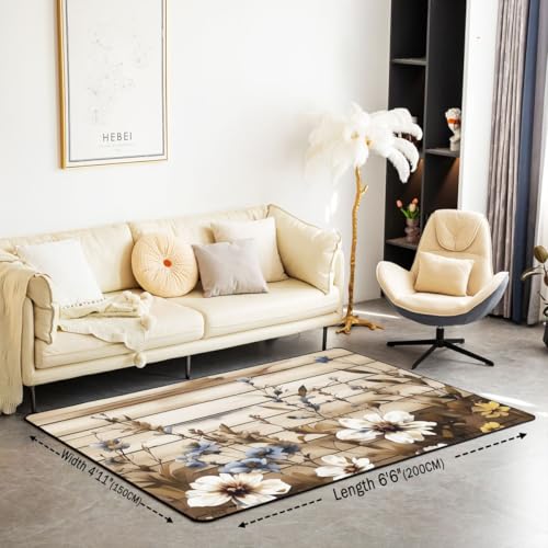 Erosebridal Rustic Flowers Area Rug 6'6" x 4'11" Vintage Floral Living Room Rugs Wooden Board Decorative Carpet Farmhouse Indoor Floor Mat - color: Beige Brown, size: 4'11" x 6'6" (Rectangular)