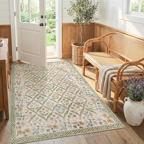 jinchan Haden 4x6 Floral Area Rug Vintage Cottage Decor Soft Non-Slip Low Pile Washable for Bedroom Dining Room Home Office Apartment Small Living Room Carpet Sage Green - color: Sage Green, size: 4' x 6' (Rectangular)