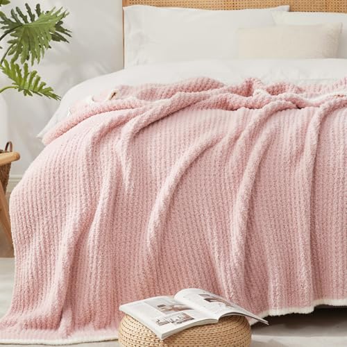 Snuggle Sac Pink Waffle Throw Blanket for Couch Bed Sofa 60x80 inches, Reversible Pink Blanket Microfiber Fluffy Fuzzy Cozy Knit Twin Blanket for Women Mothers Birthday Gifts - color: Waffle Soft Pink, size: Twin(60"x80")