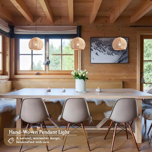 3 Pack Wicker Pendant Light Natural Woven Pendant Light Boho Chandelier Light Fixture Dome Rustic Farmhouse Pendant Lights Rattan Light Fixture for Dining Room Kitchen Island (Bulb Incl.) - color: 8.7" Natural 3-Pack