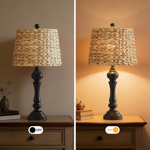 Maxax 26" Boho Rattan Table Lamps for Bedroom Set of 2, Coastal Bedside Lamps with Rattan Shade, Black Farmhouse Wicker Lamps, Rustic Resin Nightstand Lamps for Living Room - color: Black
