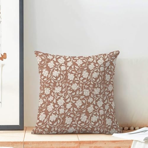 Brown Floral Throw Pillow Covers 18x18 Set of 2, Neutral Vintage Decorative Pillow Cover Flower Print Linen Outdoor Cushion Cover Brown Floral Pillowcase for Sofa Couch Farmhouse Room - color: Floral Brown, size: 18" x 18" (Pack of 2)