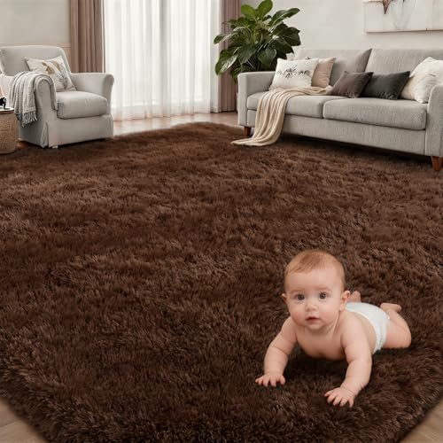 8x10 Area Rugs for Living Room Bedroom: Ultra Soft Fluffy Shag Rug Upgrade Non-Slip Non-Shedding Large Fuzzy Plush Carpet Indoor Floor Carpets for Kids Room Playroom Nursery Dorms Home Decor Brown - color: Brown, size: 8' x 10' (Rectangular)