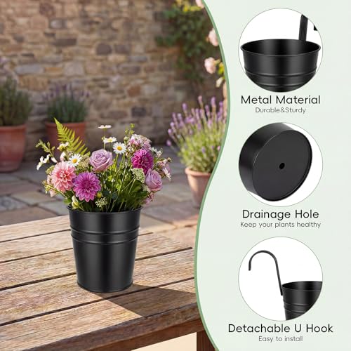 HowRU Hanging Flower Pots, Railing Planter Box for Outdoor Plants 12 Pack 5 Inch Metal Hanging Planters with Detachable Hooks Balcony Window Fence Garden Decoration Flower Boxes (Black) - color: Black