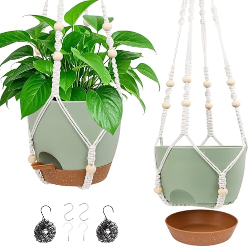 Hanging Planters for Indoor Outdoor Plants, 2 Pack Self Watering Hanging Pot with Drainage Holes, Removable Tray & 2 Kinds of Plant Hangers, 8'' Hanging Flower Pots for Home Garden Decor, Green - color: Ivory+black+green, size: 8''