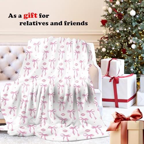 Coquette Pink Bow Throw Blanket for Couch, Preppy Room Dorm Decor, Aesthetic Pink Ribbon Bow Lips Throw Blanket for Girls Bedroom Living Room Home Decoration, 50x60 Inches - color: Color_8