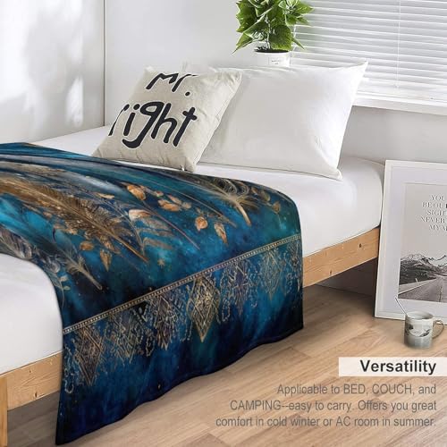 Blanket Bohemian Feather Leaf Blue Throw Blanket for Women Men, 50"x60" Galaxy Star Ornament Plush Flannel Throws, Decor for Bed Couch Bedroom - color: Bohemian Feather Leaf Blue, size: 50"x60"