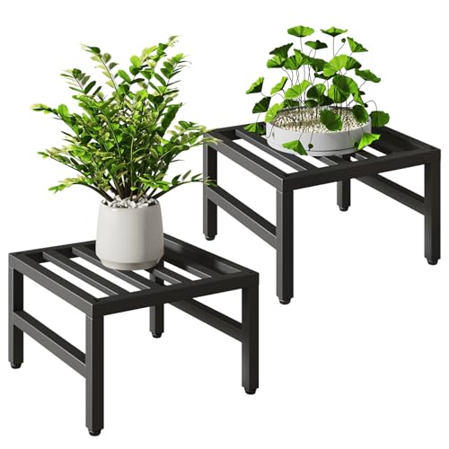 IBUYKE 2 Pack Metal Plant Stand Indoor Outdoor, Heavy Duty Small Flower Pot Stand, Modern Square Plant Shelf Flower Stand for Living Room Patio Balcony Garden, Black TMJ075B-2 - size: 12inch-2 Pack