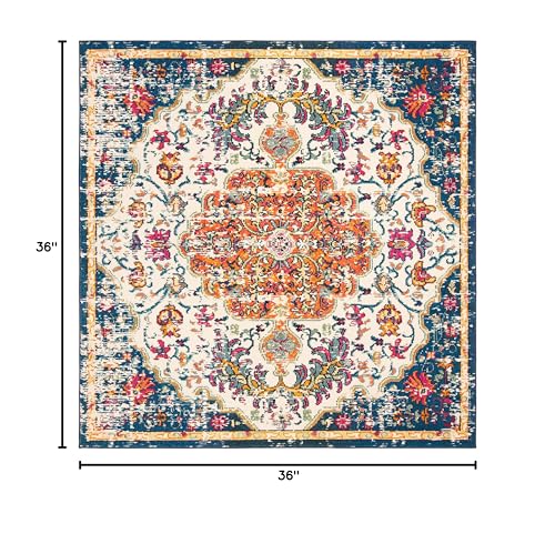 SAFAVIEH Madison Collection Area Rug - 3' Square, Ivory & Orange, Boho Chic Medallion Distressed Design, Non-Shedding & Easy Care, Ideal for High Traffic Areas in Living Room, Bedroom (MAD447A) - color: Ivory/Orange, size: 3' x 3' (Square)