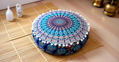 INDIAN CRAFT CASTLE ICC Mandala Barmeri Large Floor Pillow Cover Cushion Meditation Seating Ottoman Throw Cover Hippie Decorative Zipped Bohemian Pouf Ottoman Cases Blue Peacock 18" Round - color: Blue, size: 18"D x 18"W x 5"H
