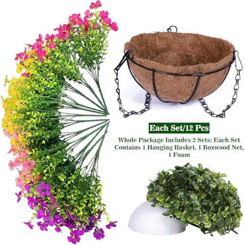 2 Sets Artificial Hanging Plants Flowers Basket Outdoor, Fake Hanging Plants 24 Pcs Flowers for Porch Patio Garden Home Decor for Spring Summer (Red, Purple, Yellow, Rose Red) - color: 2 Sets – Red, Purple, Yellow, Rose Red