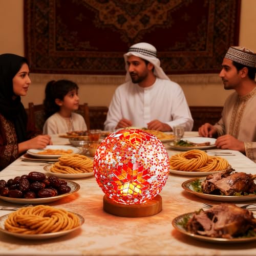 Bohemian Mosaic Table Lamp Mosaic Glass Lamps with Wooden Base Dimmable Colored Glass Night Light for Ramadan/Eid Holiday Gathering Decoration Unique Housewarming Gift (Boho-Orange, Boho) - style: Bohemian B Orange