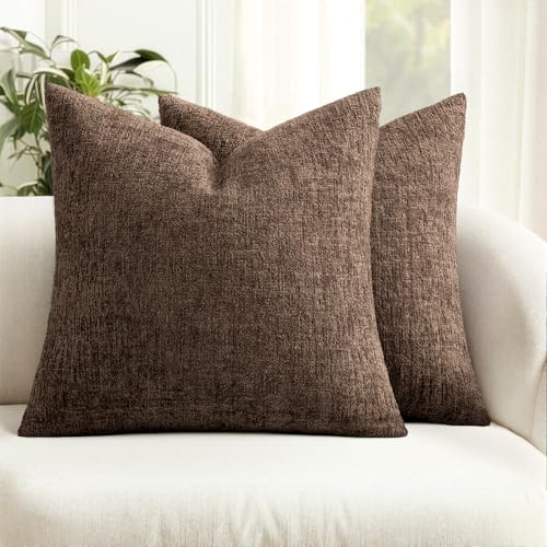 MIULEE Decorative Throw Pillow Covers 20x20 Pack of 2 Brown Couch Pillow Covers Soft Cozy Textured Chenille Pillowcases for Home Decor Sofa Living Room Cushion Bedroom - color: Brown, size: 20" x 20" (Pack of 2)