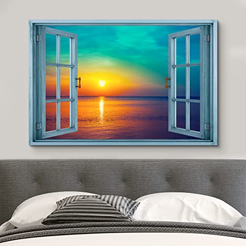 wall26 Canvas Print Wall Art Window View Teal Orange Sunset Over Tropical Ocean Wilderness Nature Photography Realism Scenic Landscape Colorful Multicolor for Living Room, Bedroom, Office - 12"x18" - color: A40-2204-irs17, size: 18"L x 12"W