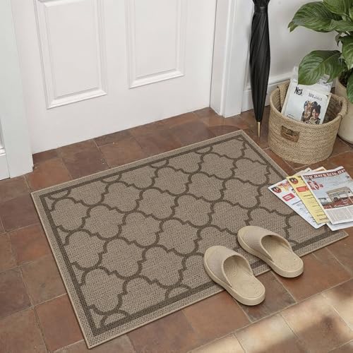 PureCozy 2x3 Geometric Figure Easy Jute Kitchen Front Doormat Non Slip Washable Neutral Area Rug Non Shedding Low Pile Black Scalloped Floor Carpet for Farmhouse Entryway Porch Doorway - color: Brown|geometric, size: 2' x 3' (Rectangular)
