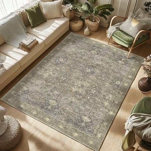 5x7 Rugs for Living Room Persian Floral Boho Area Rug,Carpet for Bedroom Machine Washable Non-Slip Large Rug,Low Pile Dining Room Rugs for Under Table - color: Light Green/Beige, size: 5'x7'