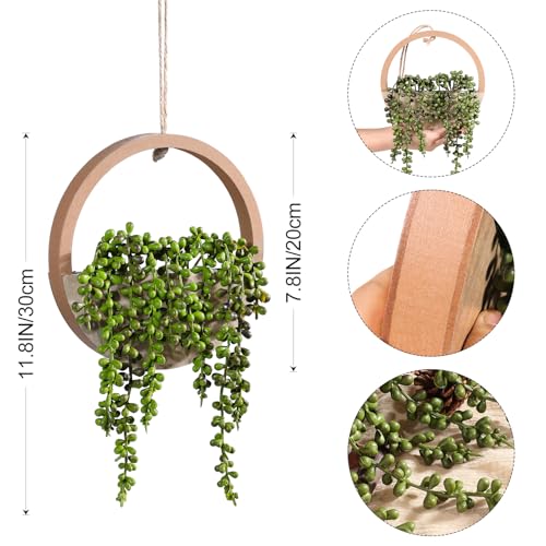 2 Pack Fake Plants Artificial Wall Hanging Plants, Boho Hanging Planter Fake Succulents Artificial String of Pearls in Wooden Pots with Lanyard for Home Office Wall Decoration - color: Wood Color, size: 2 Pcs