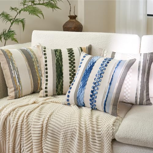 Aeckself Boho Throw Pillow Covers 18x18 Inch Set of 2, Farmhouse Decorative Striped Square Pillow Covers Chenille Tufted Pillow Cases Accent Neutral Pillowcase for Living Room Couch Bed, Dark Green - color: Dark Green